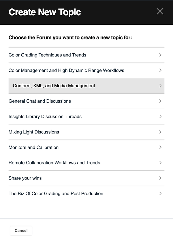 A modal opens, allowing you to choose the forum for your new topic thread. All discussion threads live within one of these forums. 