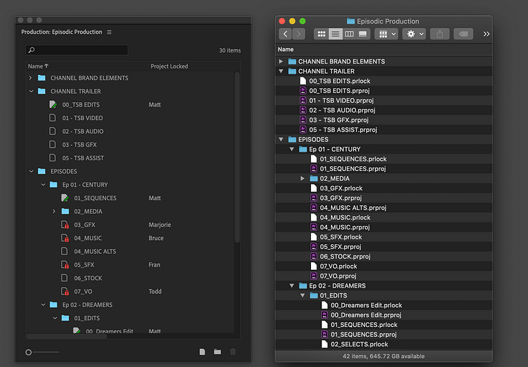 Adobe Premiere Pro Production Folder and Finder Directory of Folders Compared