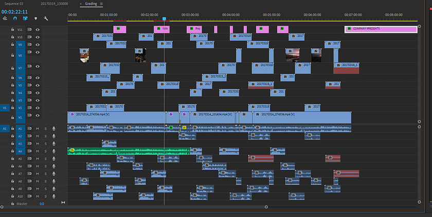 Many tracks of media and titles on a sequence in Adobe Premiere Pro. It's almost impossible to see which clips are fully covered and which will be seen on playdown.
