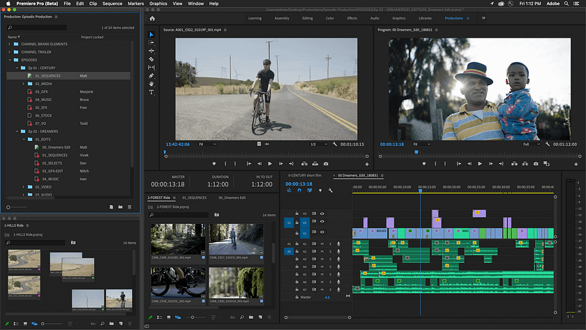 Adobe Premiere Pro Productions sample project being edited