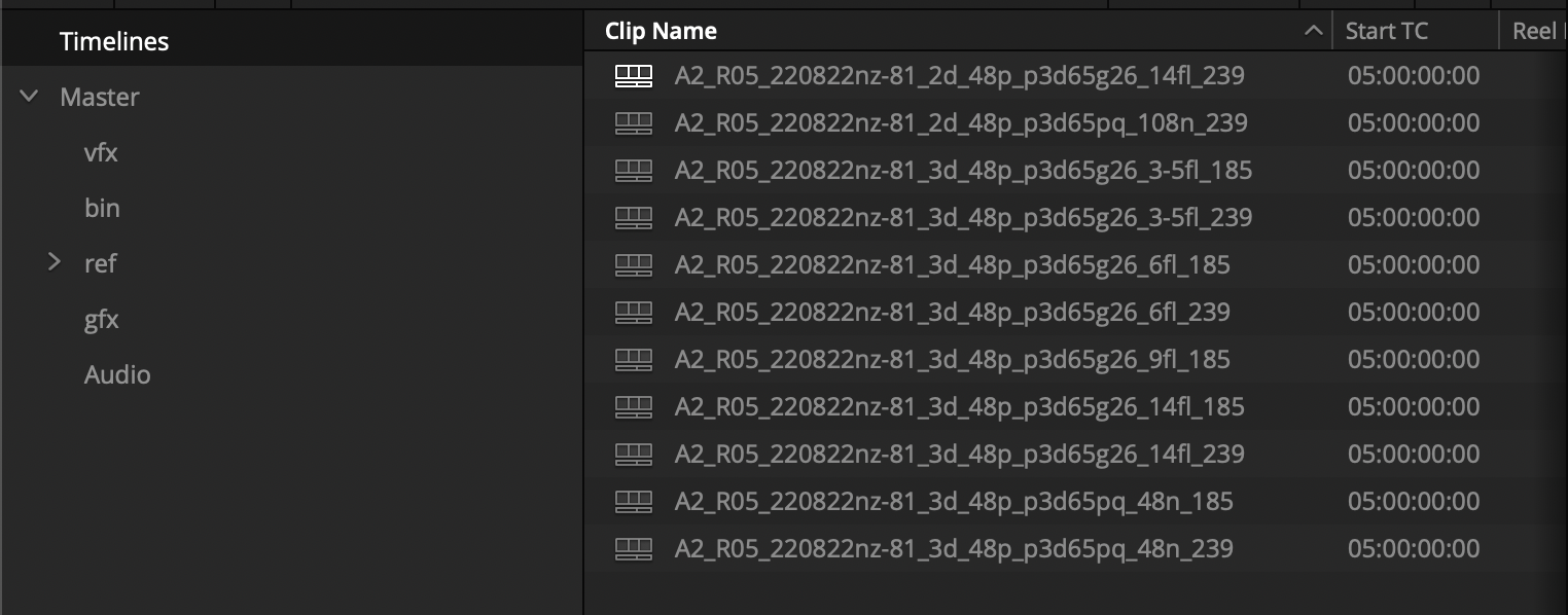 Timelines for each of the 11 discrete deliverable versions inside the Resolve project for reel 5 of Avatar: The Way of Water.