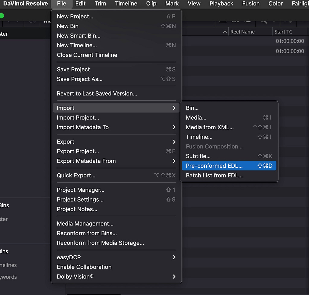The 'Pre-conformed EDL' menu item in DaVinci Resolve.