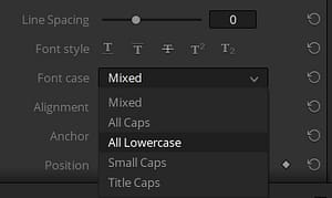 The Font Case pulldown in DaVinci Resolve