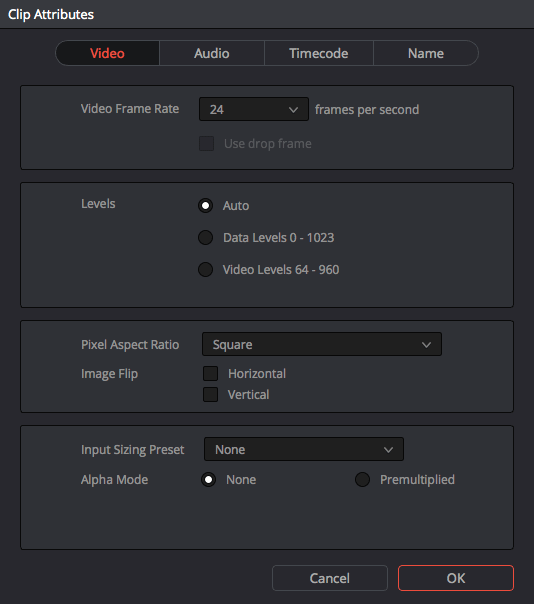 The Levels Options in DaVinci Resolve's Clip Attributes dialog box