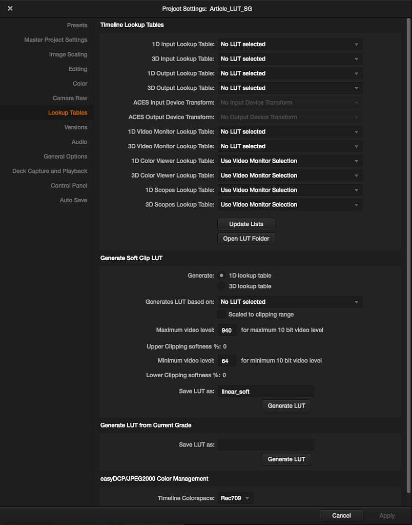 The LookUp Tables tab in Resolve's project settings dialog box. Click 'Open LUT Folder'.