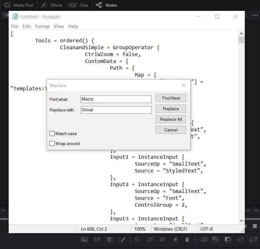 Use a Find & Replace command in a text editor to gain access to 'nested' nodes when migrating from Fusion to Avid Media Composer.