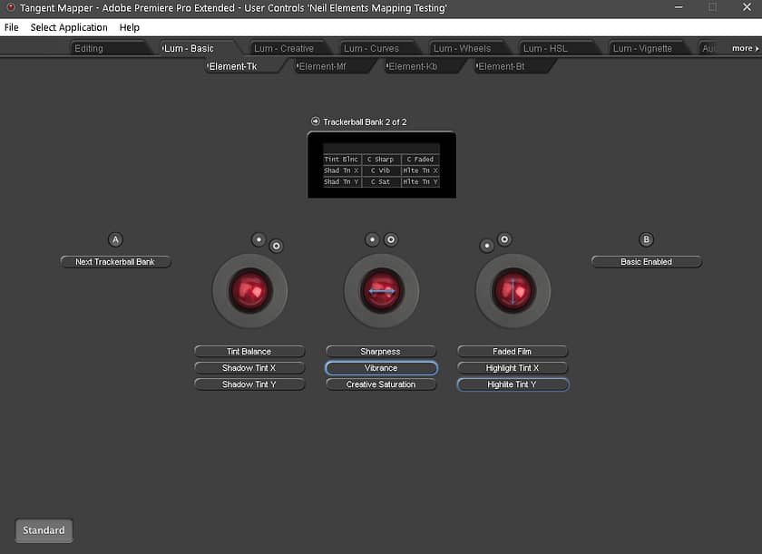 Showing the mapping for the alternate bank for the Tangent Elements panel Trackballs in Premiere Lumetri Basic Tab