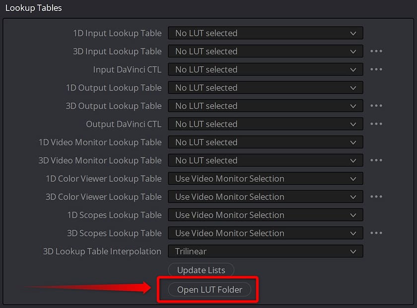 Where to find the LUT folder in DaVinci Resolve