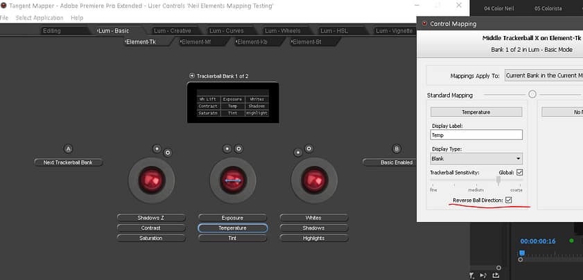 Showing the reversed action direction of the mapping for the Tangent Elements Trackballs in Premiere Pro Lumetri Basic tab