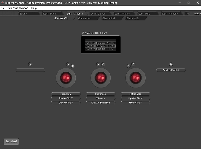 Showing the mapping for the Tangent Elements panel Trackballs in the Premiere Pro Lumetri Creative tab