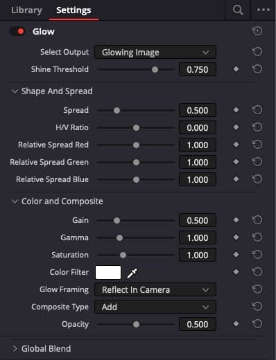 DaVinci Resolve's Glow FX control panel