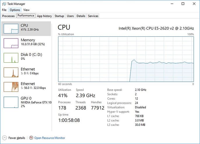 Peeking at Window's task manager, we can see the resources used during a UHD H.264 QC test. Notice how GPU usage is at 0%.