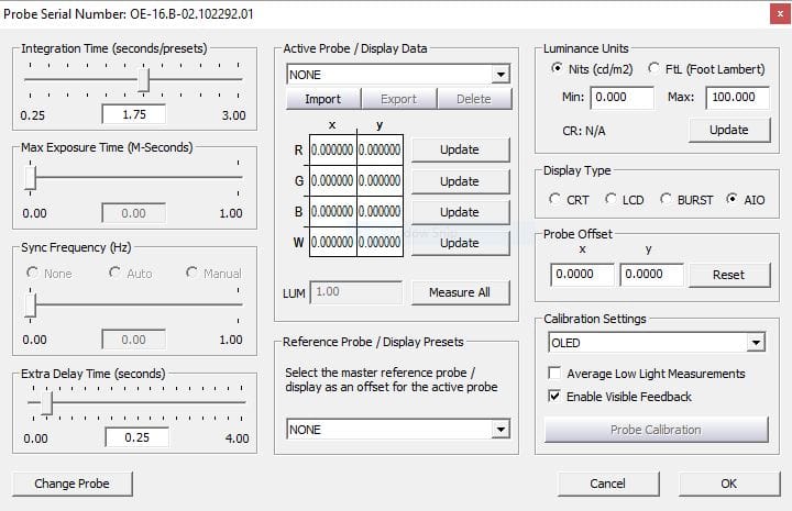 The generic Options for an i1 Display Pro OEM in Lightspace