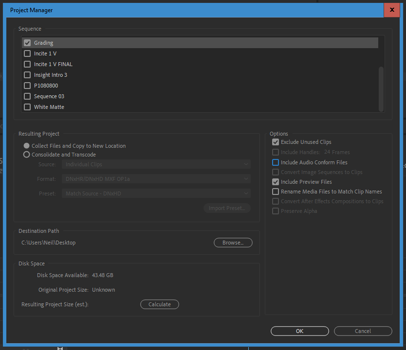 Setting Premiere Pro's Project Manager for exporting a project to send to a colorist