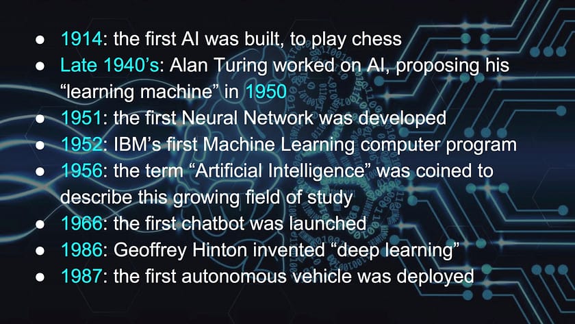 1914: the first AI was built, to play chess Late 1940’s: Alan Turing worked on AI, proposing his “learning machine” in 1950 1951: the first Neural Network was developed 1952: IBM’s first Machine Learning computer program 1956: the term “Artificial Intelligence” was coined to describe this growing field of study 1966: the first chatbot was launched 1986: Geoffrey Hinton invented “deep learning” 1987: the first autonomous vehicle was deployed