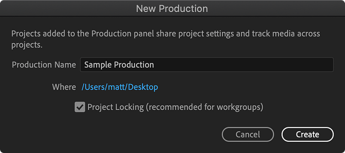 Add Project menu for Premiere Pro Productions