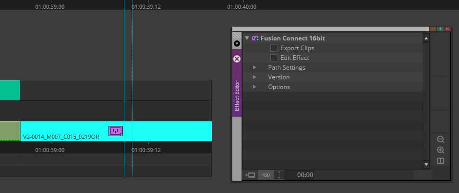 In this sequence, Fusion Connect is applied directly on the clip and is accessed with the Effects Editor modal.